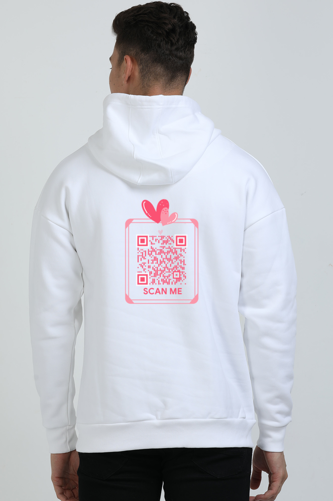 Customized QR Code Scannable Hoodie - Premium Heavyweight Ultra-Soft Oversized Drop Shoulder Hoodie - Pink rectangle with heart - Scan Me - Back Print