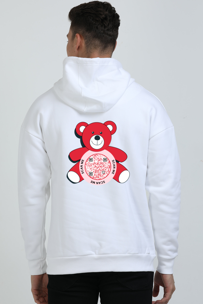 Customized QR Code Scannable Hoodie - Premium Heavyweight Ultra-Soft Oversized Drop Shoulder Hoodie - Red Teddy Bear - Scan me - Back Print