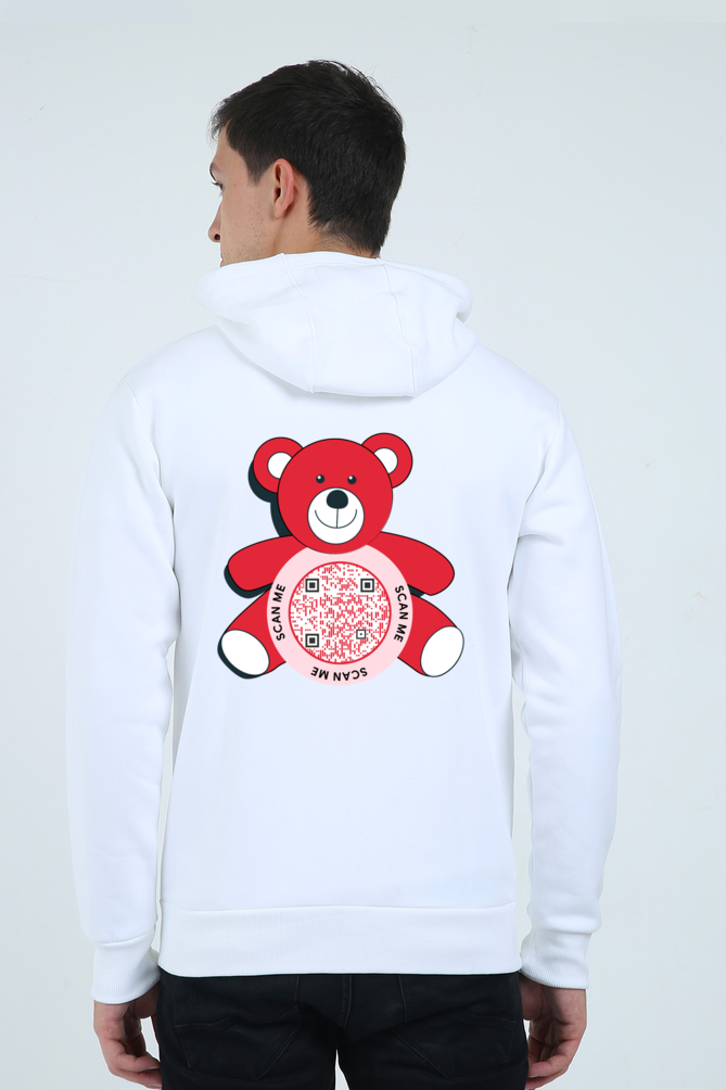 Customized QR Code Scannable Zipper Hoodie - Premium Heavyweight Ultra-Soft - Red Teddy Bear - Scan Me - Back Print
