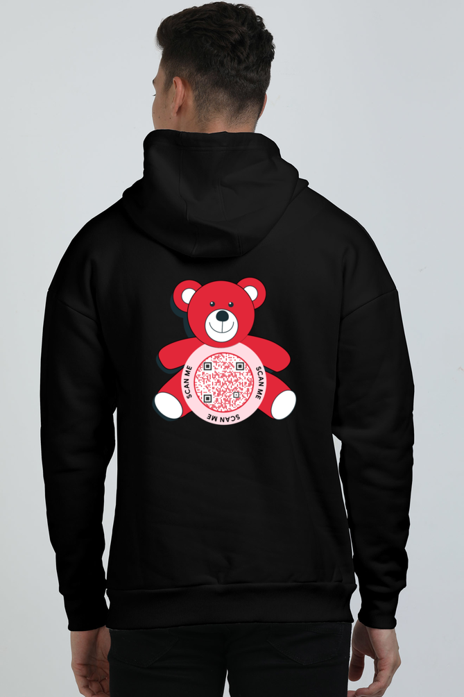 Customized QR Code Scannable Hoodie - Premium Heavyweight Ultra-Soft Oversized Drop Shoulder Hoodie - Red Teddy Bear - Scan me - Back Print
