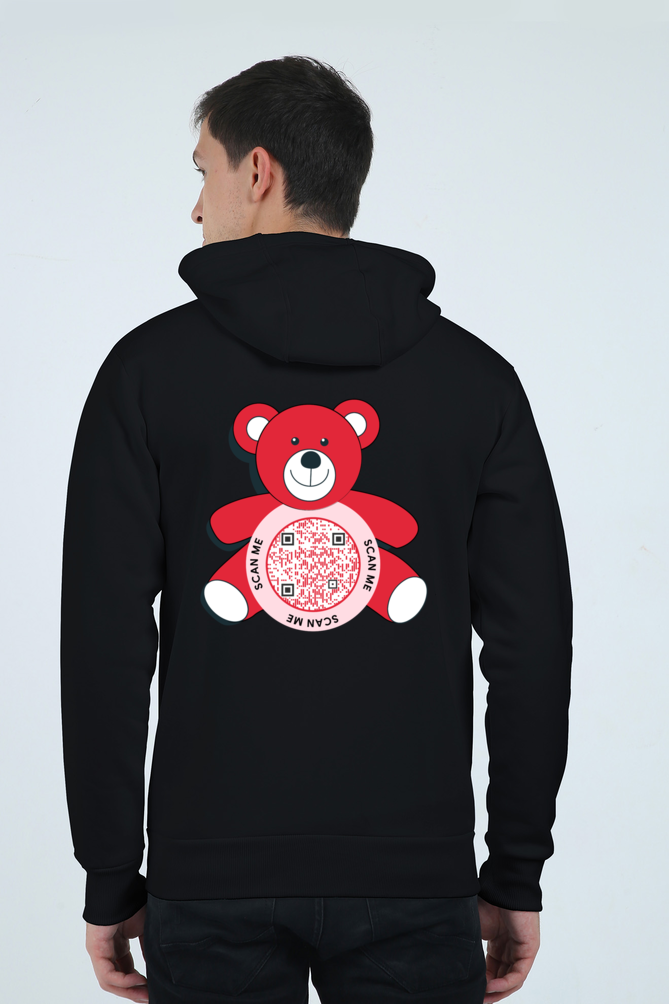 Customized QR Code Scannable Zipper Hoodie - Premium Heavyweight Ultra-Soft - Red Teddy Bear - Scan Me - Back Print